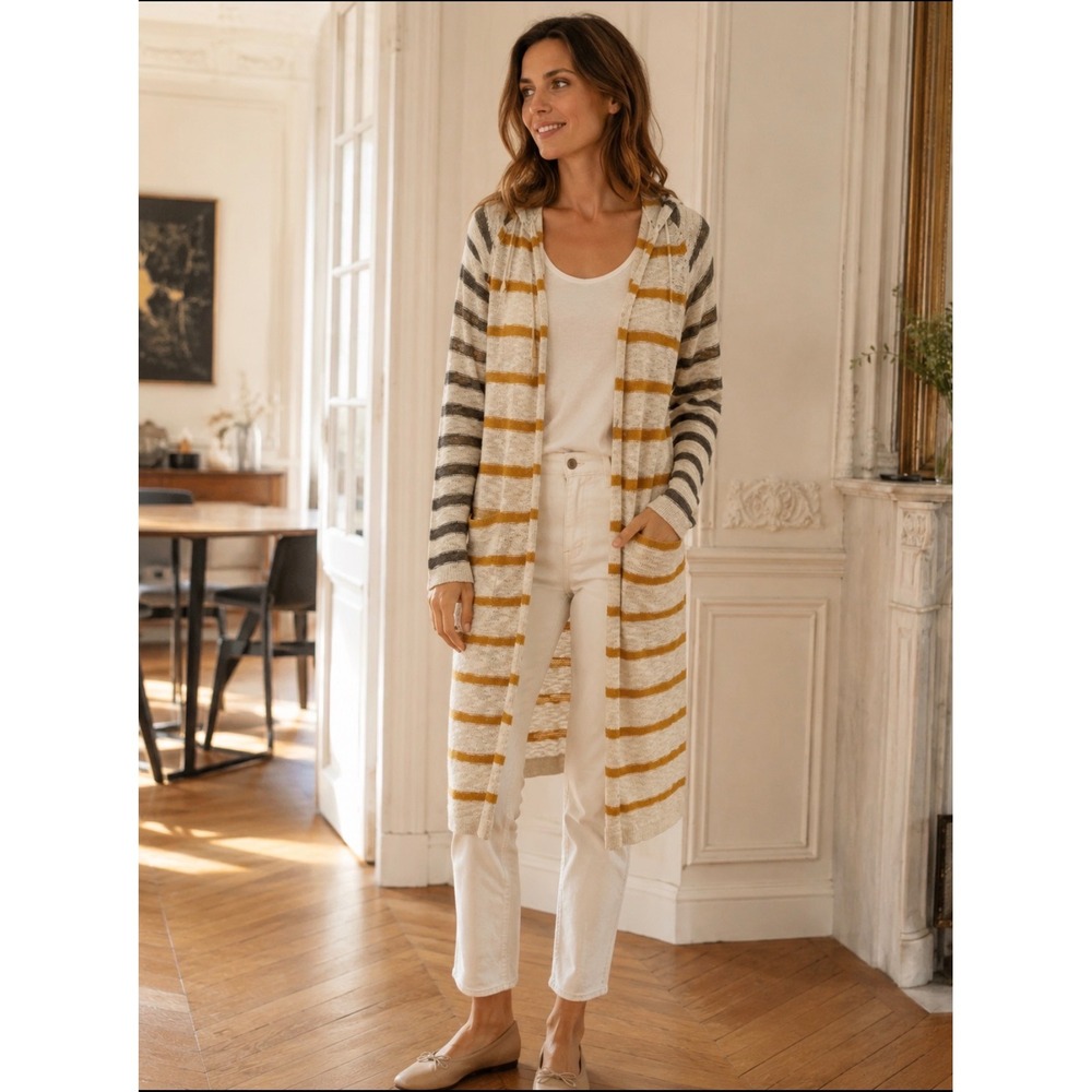 Natural Reflections Women Med Striped Long Duster Cardigan Sweater Yellow Cream